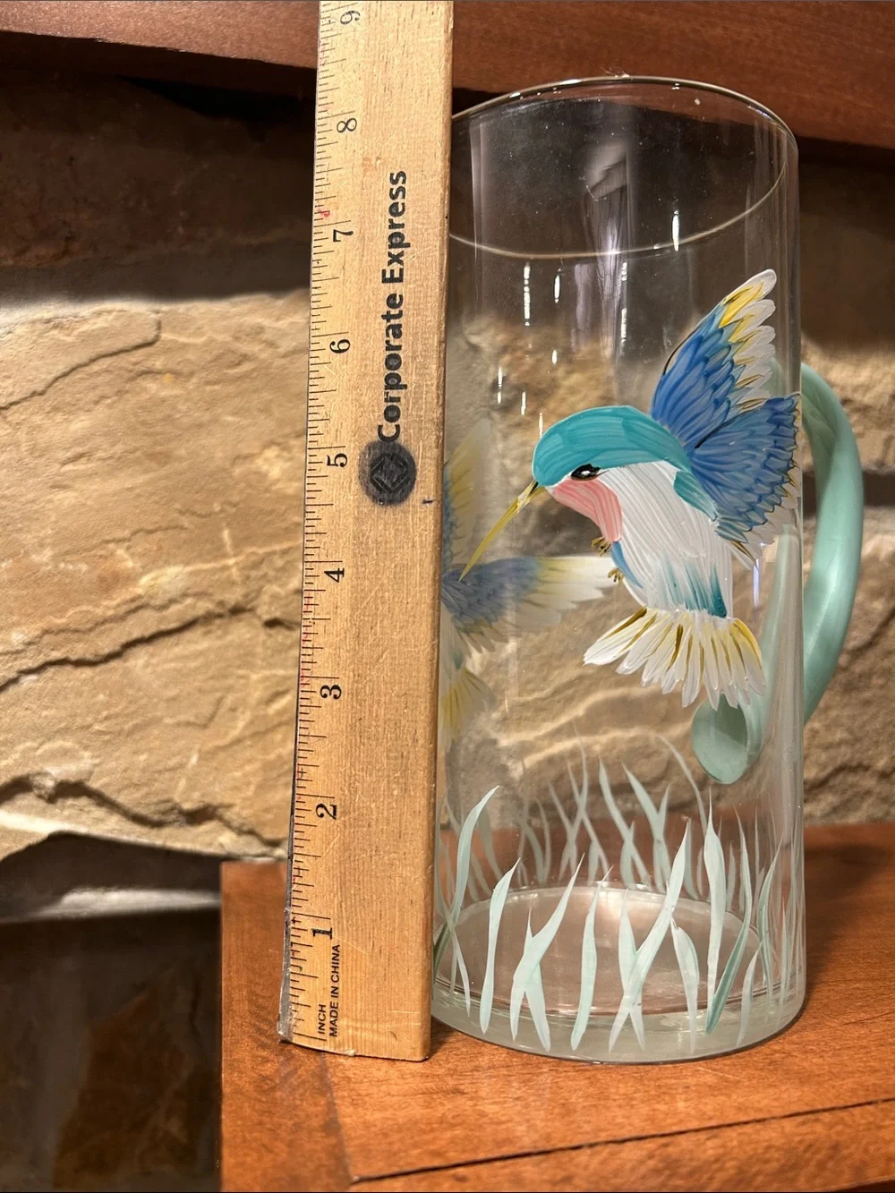 Hand-Painted Glass Pitcher with Colorful Hummingbirds